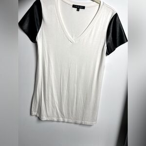 Green Envelope Soft White Cotton T-Shirt Faux Black Leather Sleeves, S